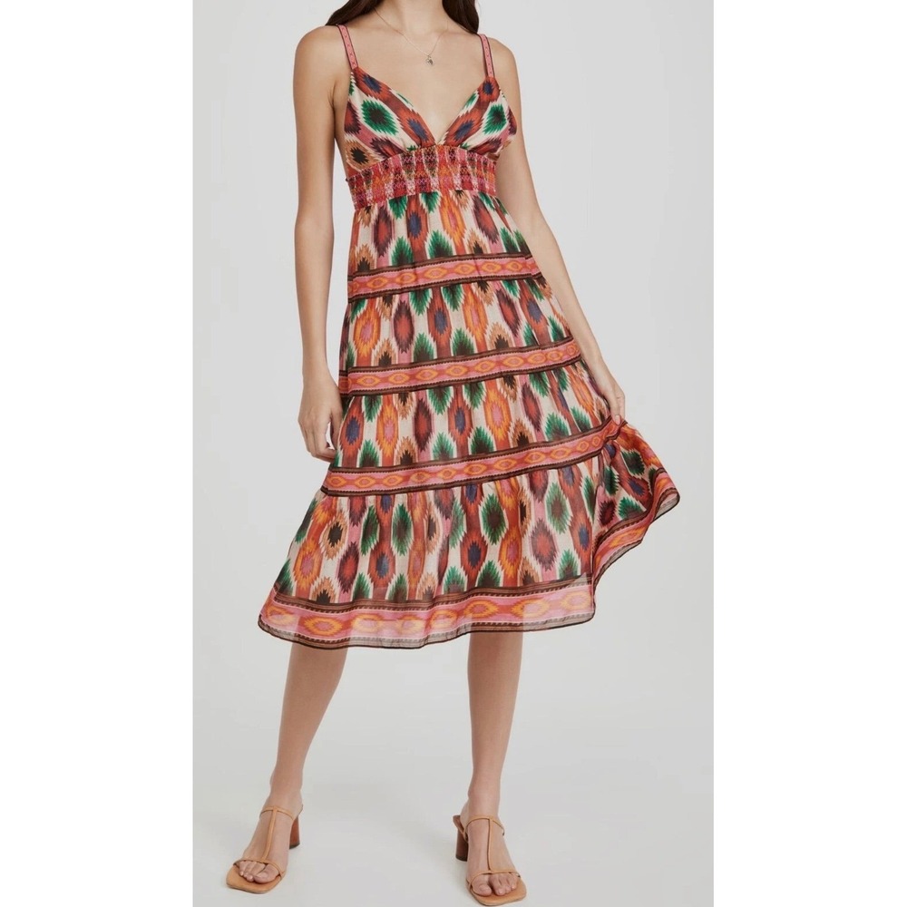 Alice + Olivia Ikat Print Cotton Silk Midi Dress Multi Color Smocked V-Neck